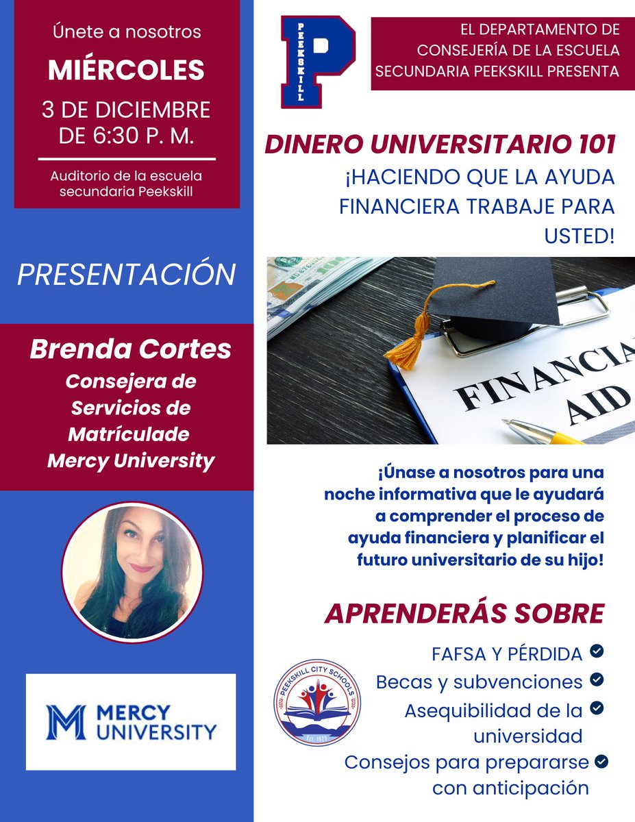 PeekskillCSD's tweet image. Join us for Financial Aid Night on December 3rd at 6:30 PM at Peekskill High School!

Únase a nosotros para la Noche de Ayuda Financiera el 3 de diciembre a las 6:30 PM en Peekskill High School.