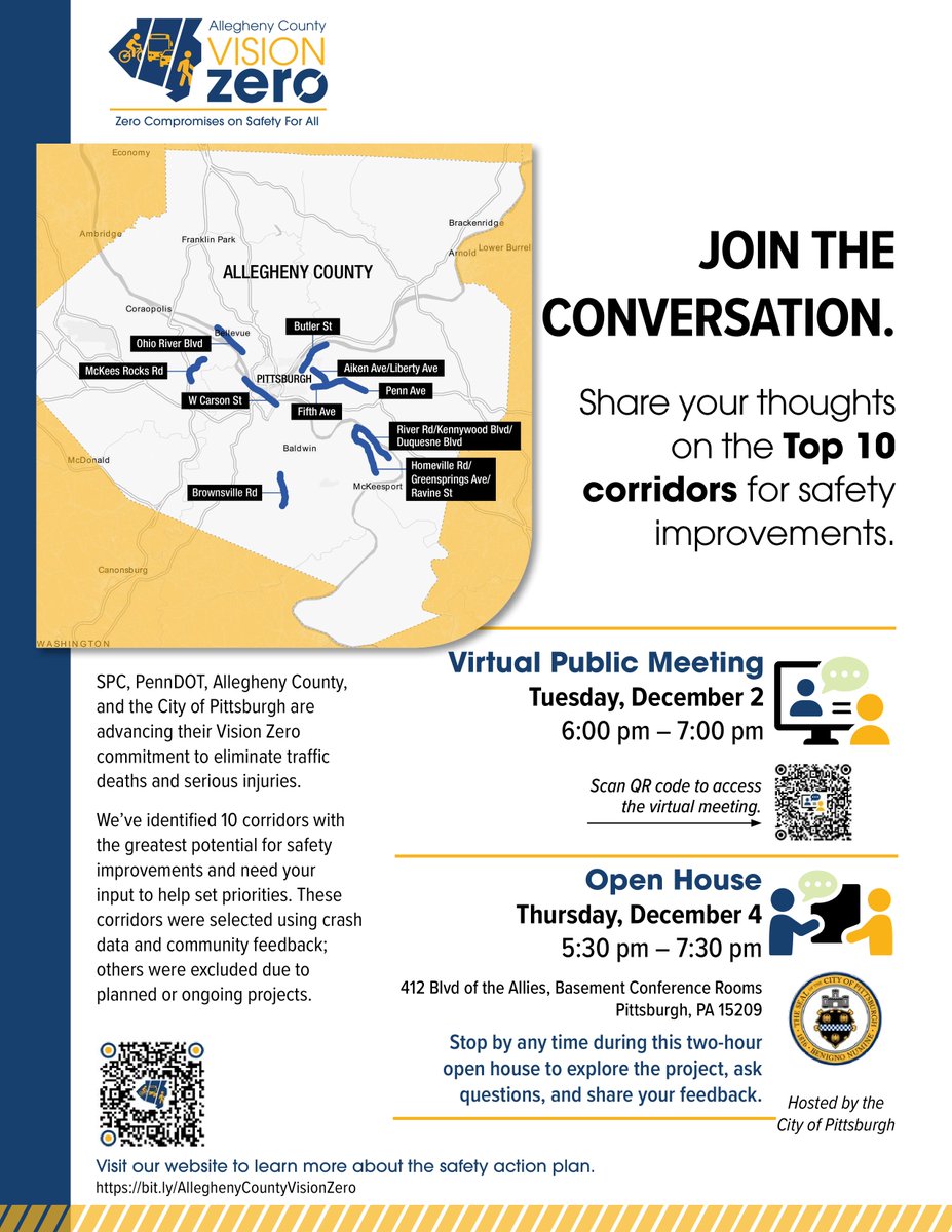 PghDOMI's tweet image. The Southwestern Pennsylvania Commission (SPC), together with PennDOT, Allegheny County, and the City of Pittsburgh, is hosting an Allegheny Safety Action Plan Open House.

engagekh.mysocialpinpoint.com/alleghenycount…