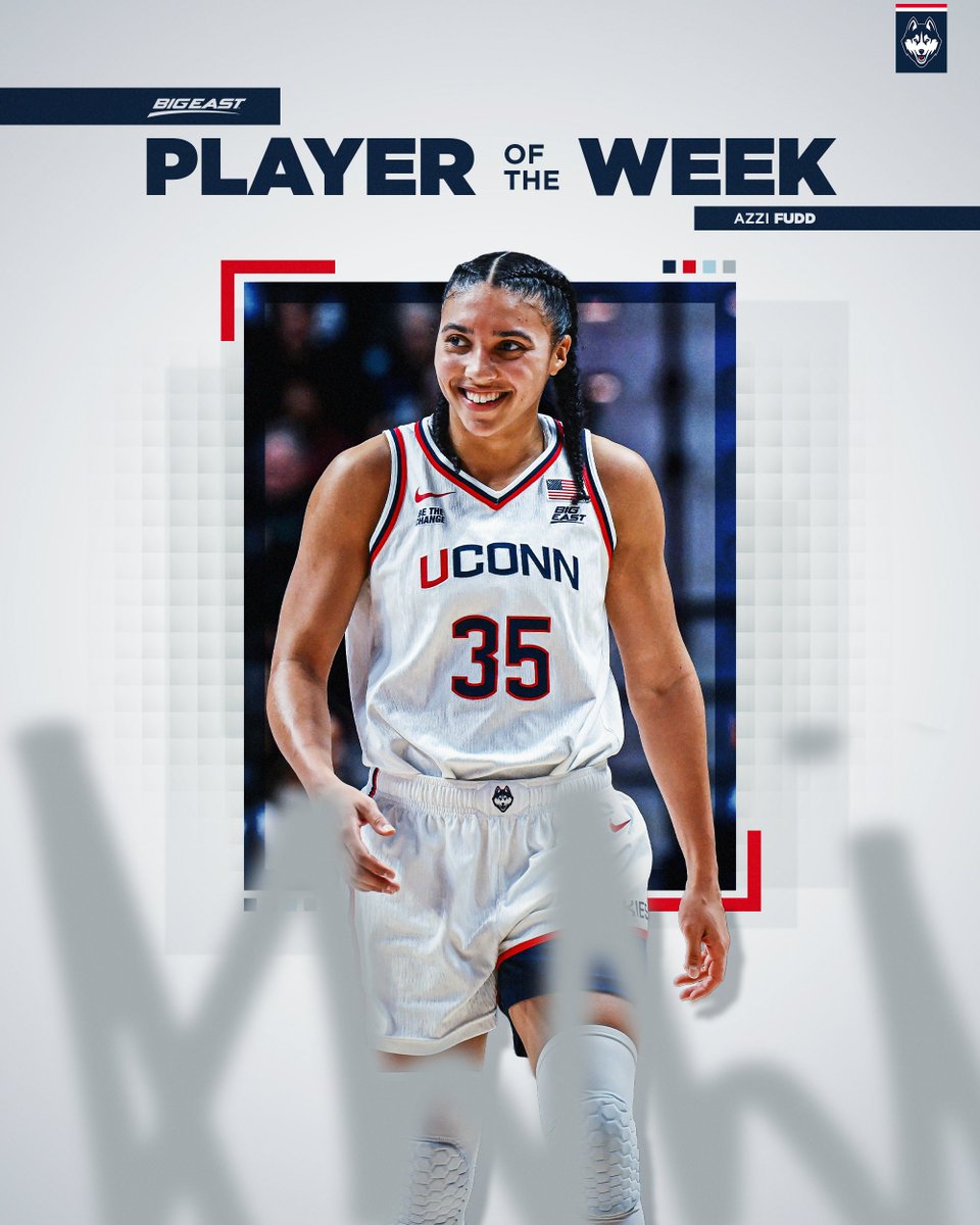 UConnWBB's tweet image. Azzi Fudd is the BIG EAST Player of the Week!

Azzi averaged 27.5 PPG on a .581/.688/1.000 shooting split in two wins last week 🔥