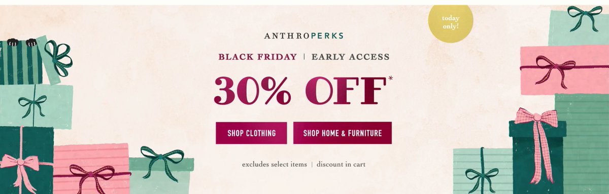 Today at #Anthropologie the early #BlackFriday sale is on for Anthroperks customers. ! Save 30% on most items--clothing &amp; home goods. Plus, you can save 40% final sale items.   bit.ly/4p0VAbz  #SponsoredPost