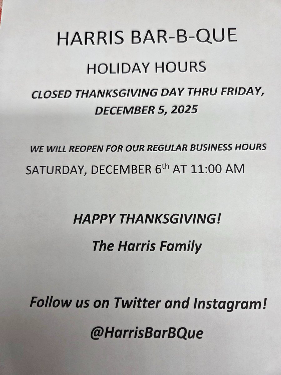 HarrisBarBQue's tweet photo. Holiday Schedule https://t.co/uaFzDwVaqJ