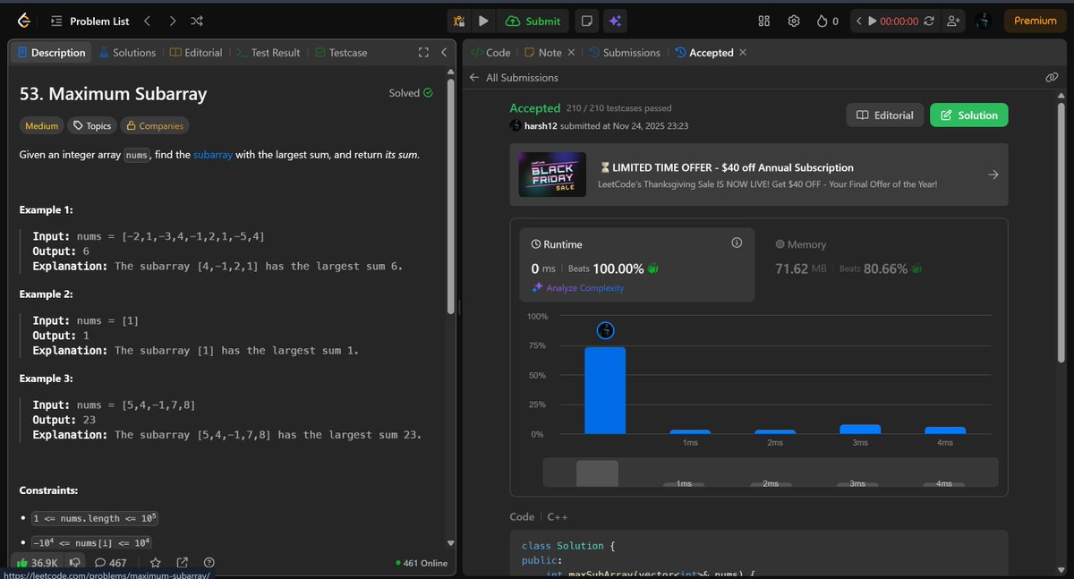 HarshChauh12662's tweet image. Day 201 &amp;amp; 202 of #365DaysOfCode 
4 days left for my Accenture test.
Revised Two Sum yesterday and solved Maximum Subarray today.
Will continue doing more, but my main focus right now is on core technical subjects. 
#365DaysOfCode #LeetCode #DSA #ProblemSolving #CodingChallenge