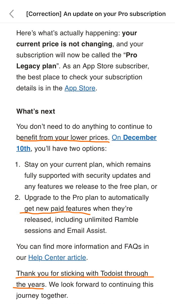 Thanks <a href="/todoist/">Todoist</a> for treating paid subscribers like schmucks

How exactly are we "benefitting from lower prices" if, as a paid subscriber, I'm only getting "security updates" and not getting any paid features?

Then what's the point of staying on the Pro legacy plan and continuing