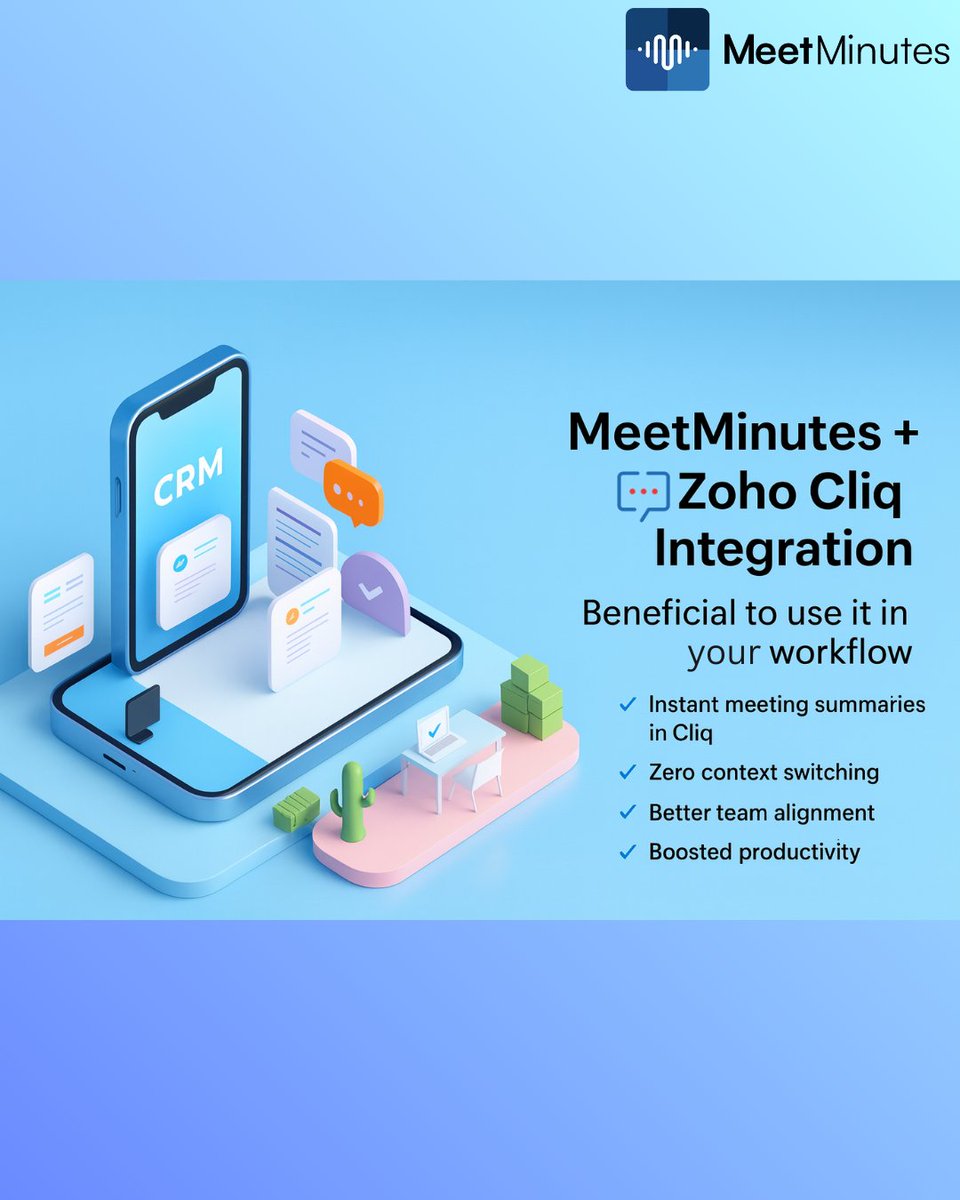 MeetMinutes's tweet image. Your Zoho Cliq just got an upgrade.
MeetMinutes brings summaries, tasks, and insights right into your channels.
No switching apps. No missed follow-ups.
Just smooth workflow

 👉 Try meetminutes.in/?s=tw

#Zoho #ZohoCliq #MeetMinutes #SaaS #Productivity #WorkflowAutomation #Ai