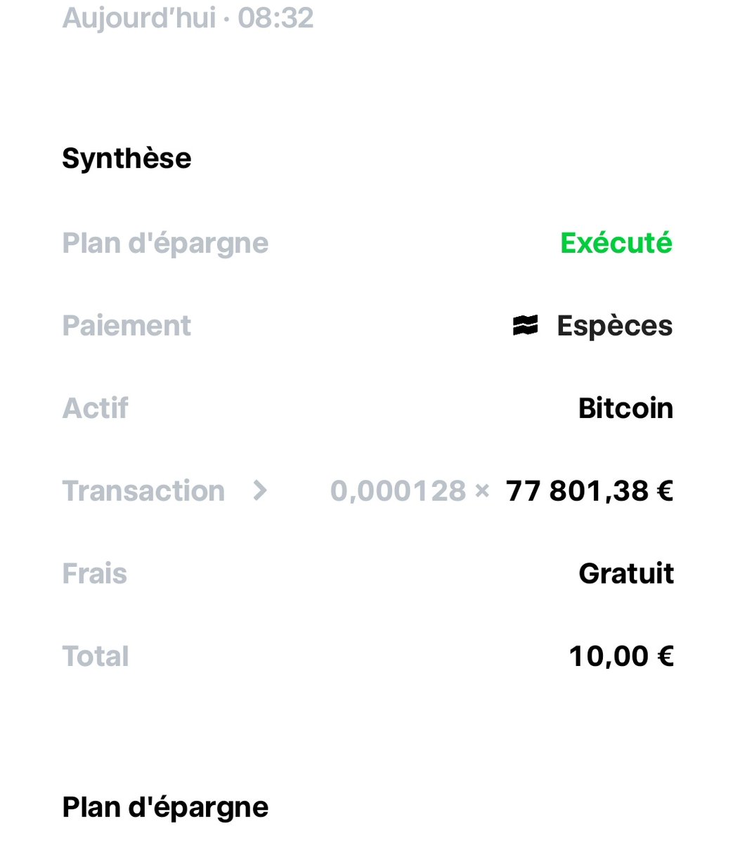 Sebdanslesbois's tweet photo. Question aux utilisateurs Trade Republic:
Je suis en période de test sur leur appli.
J'ai mis en place un DCA sur Bitcoin.
Achat aujourd'hui sur une valeur de 77831€ alors que le plus haut du jour est de 76268€
Quelle est l'explication ?
#traderepublic
@MatthiasBaccino https://t.co/qqiKGLRyCj