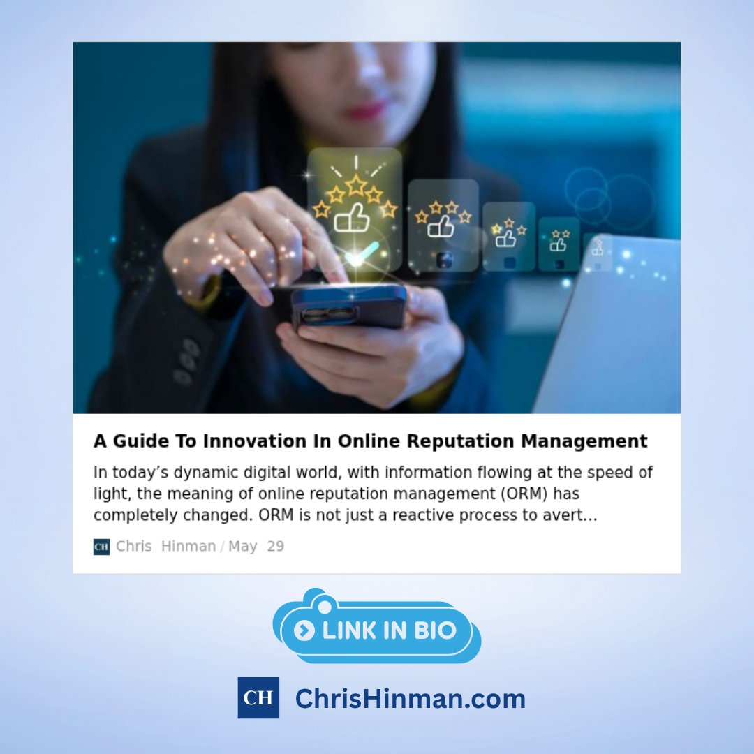TheBestRepGuy's tweet image. Ready to lead instead of just react? Discover how innovation in reputation management is evolving—from damage control to proactive brand elevation. Read the full insights:
🔗 chrishinman.com/uncategorized/…
--
#thebestreputation #reputationmanagement #onlinereputation #digitalpresence