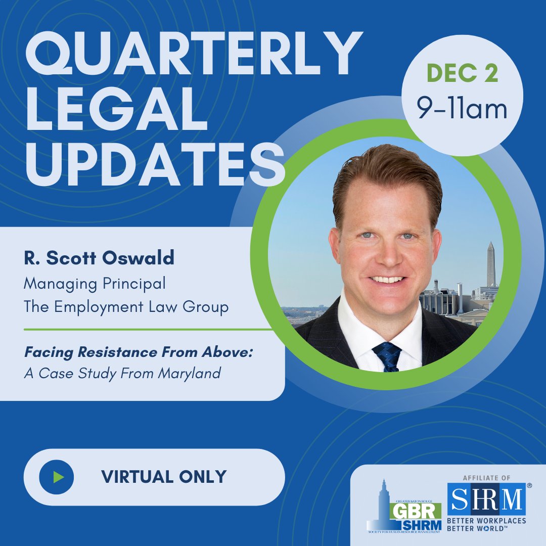 Join us for our next Quarterly Legal Update on Tuesday, December 2, 9-11am, virtually. Link will be sent upon registration: gbrshrm.wildapricot.org/event-6206834. #HRProfessionals #SHRM