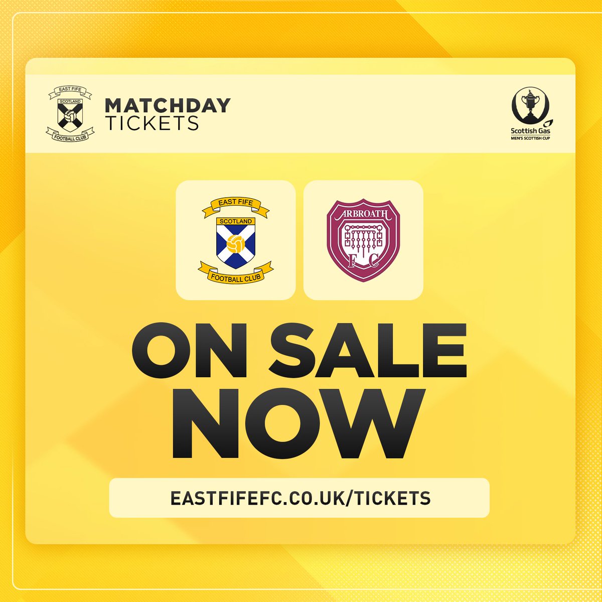 🎟️𝙏𝙄𝘾𝙆𝙀𝙏𝙎 𝙊𝙉 𝙎𝘼𝙇𝙀

⚽East Fife v Arbroath
📅Saturday 29th November 2025
🏆Scottish Gas Men's Scottish Cup R3
🏟️MGM Timber Bayview Stadium
🎟️Adults £20, Concessions £16, U16s £5
❌Season tickets are not valid for cup games

👉Get yours here: bit.ly/46FXvMk