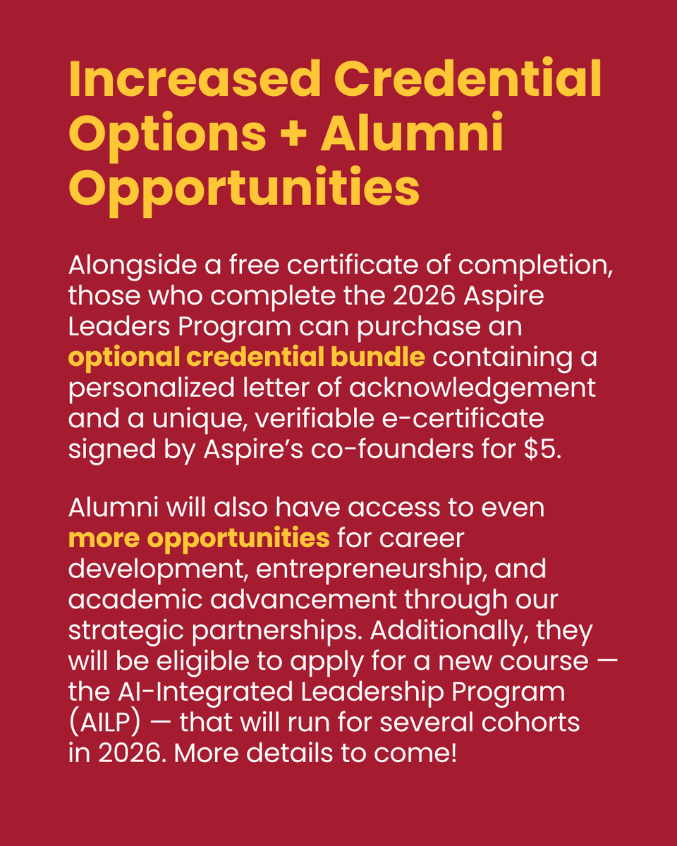 Applications for the 2026 Aspire Leaders Program are finally OPEN! 🎉  We have more opportunities, expanded eligibility criteria, and an exciting year planned for our learners around the globe. Swipe to see what's new, and consider applying today: engage.aspireleaders.org