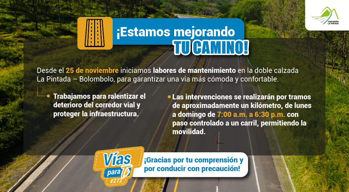 Iniciaremos labores de mantenimiento del pavimento asfáltico en la vía #ConexiónPacífico2 La Pintada – Bolombolo.🛣️👷🏻‍♂️

🚧Tendremos paso controlado a un carril por tramos, permitiendo la movilidad.

Conduce con precaución, estamos trabajando por tu seguridad y bienestar💚.