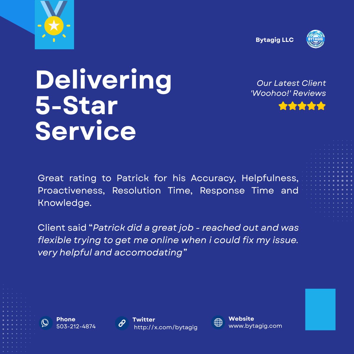bytagig's tweet image. Delivering 5‑star service, one happy client at a time! ⭐⭐⭐⭐⭐
This time, we’re celebrating Patrick for going above and beyond reaching out proactively, staying flexible, and making sure our client got back online quickly and stress‑free.

At Bytagig, we’re committed to…