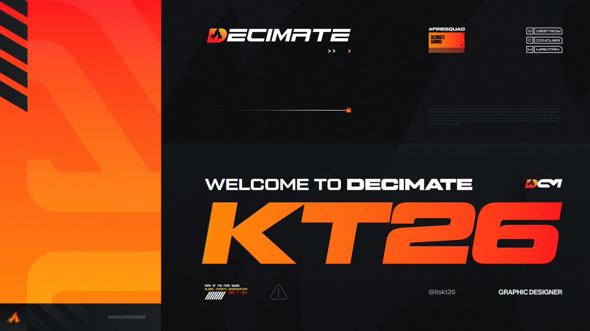 DecimateGG's tweet image. 🔥 CREATING A SPARK 🔥 

Decimate has a new addition to our design team and have been working with Kiran for some time now to create a spark in our new art direction “Bring The Heat.”

Please welcome @ITSKT26 to the #FireSquad🔥! 

#FeelTheHeat🔥