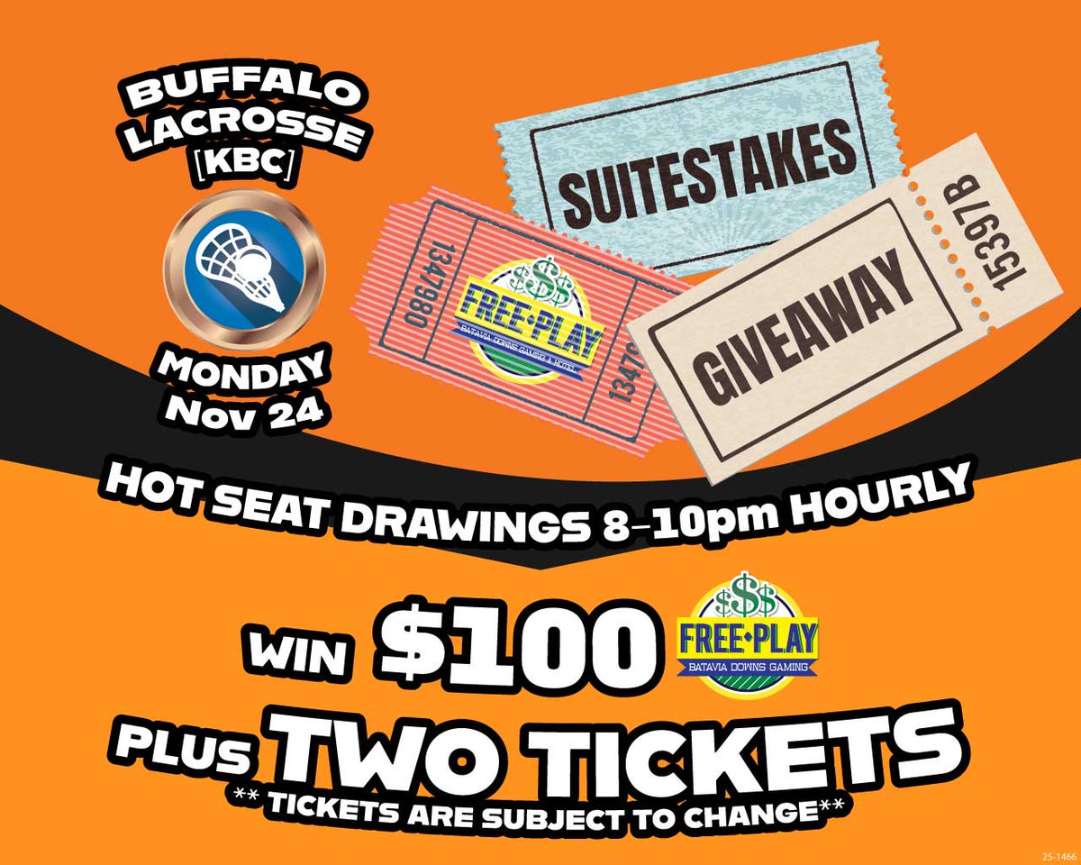 Buffalo Lacrosse Suitestakes TONIGHT! 🥍🎟️ You could win 2 suite-level tickets to watch an upcoming game AND $100 Free Play!

Use your Player's Club card between 8-10pm for a chance to win on every hour!

Official Rules: bit.ly/2TRogu9