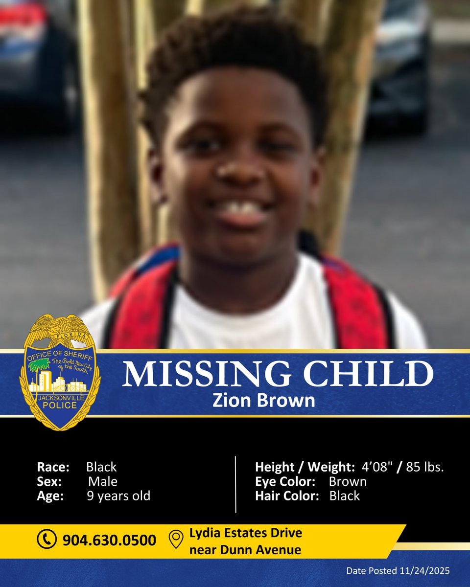 JSOPIO's tweet image. 𝐌𝐈𝐒𝐒𝐈𝐍𝐆 𝐂𝐇𝐈𝐋𝐃: 𝐇𝐚𝐯𝐞 𝐲𝐨𝐮 𝐬𝐞𝐞𝐧 𝐙𝐢𝐨𝐧 𝐁𝐫𝐨𝐰𝐧?
The Jacksonville Sheriff’s Office is actively searching for 9-year-old Zion Brown after he left his home on Lydia Estates Drive near Dunn Avenue around 10:40 a.m. Monday morning. Due to his young age, we are…