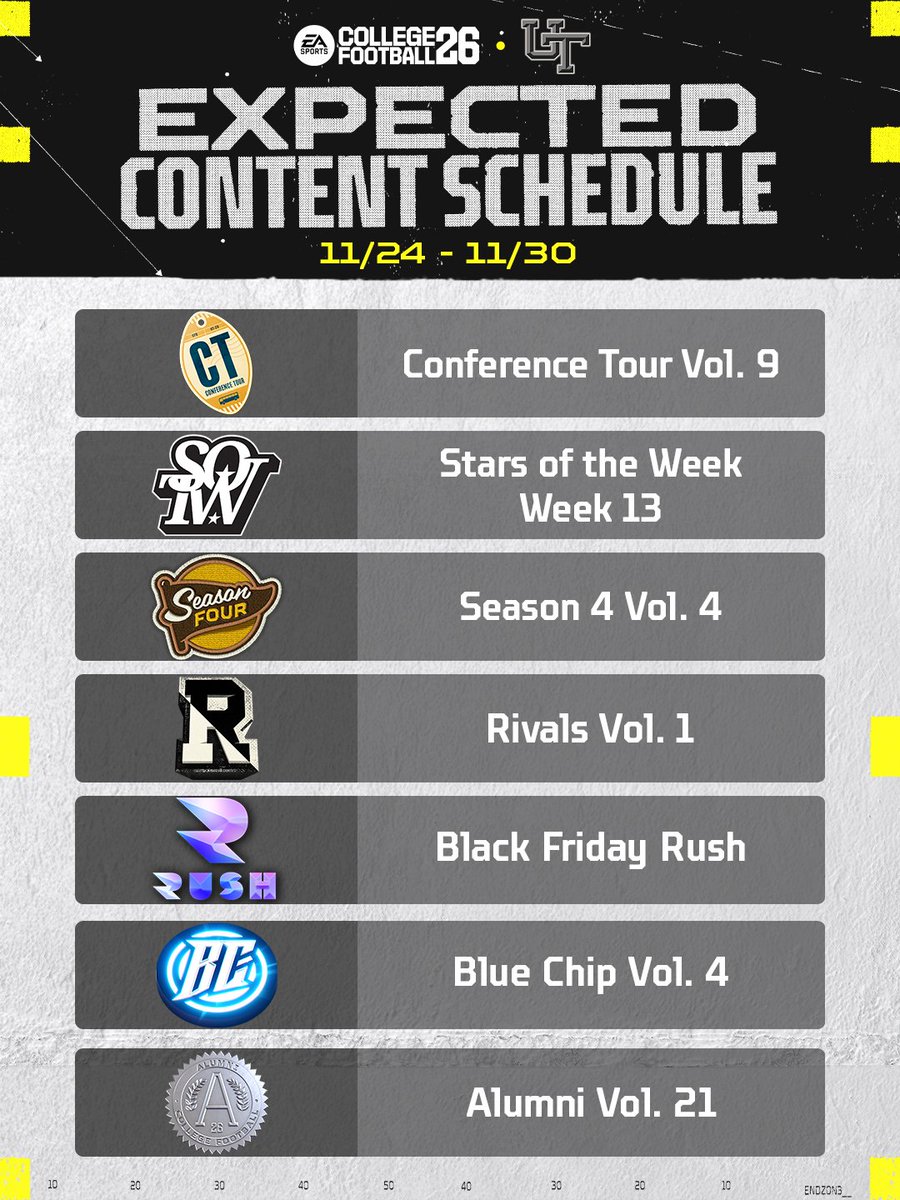 EASPORTS_CUT's tweet image. CUT Content Schedule #CFB26