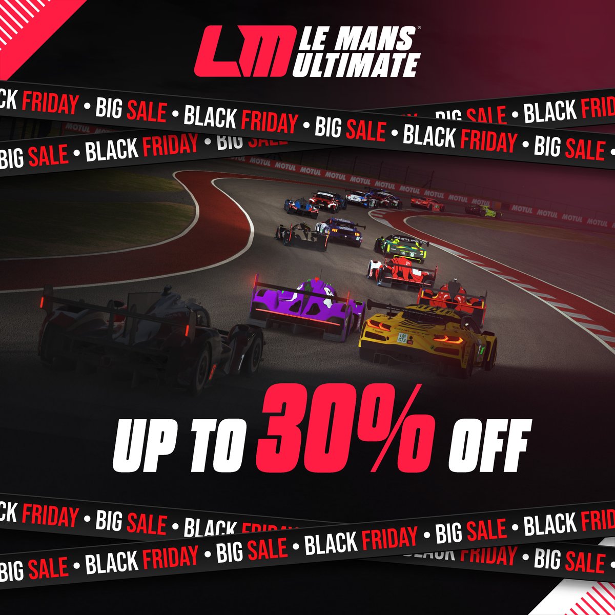 LeMansUltimate's tweet image. 📢Le Mans Ultimate Black Friday deals are here!📢

Whether you&apos;ve been waiting to try or hunting the latest DLC we&apos;ve got great discounts for all players!

⚫️30% off base game
⚫️25% off 2024 content 
⚫️10% off ELMS content

Save today &amp;amp; see you on track! 

store.steampowered.com/app/2399420/Le…