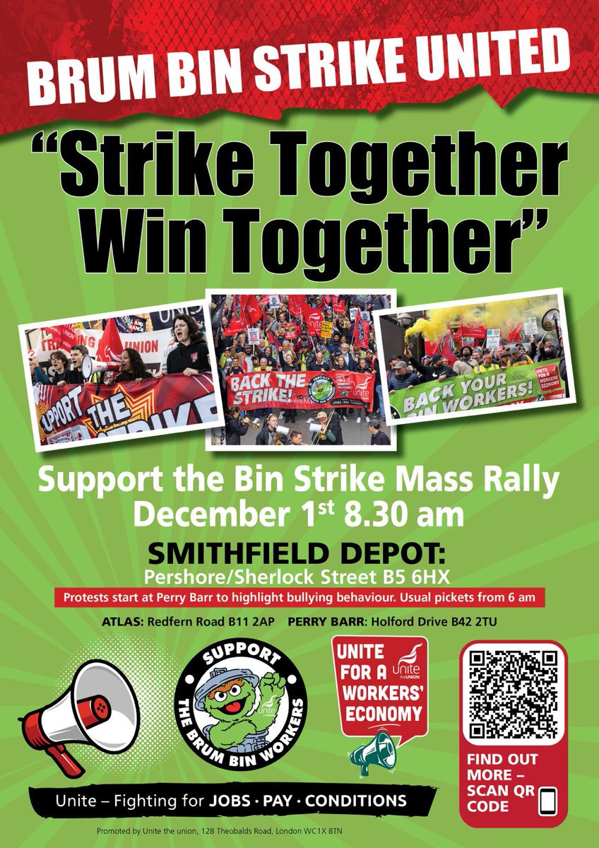 UNITE FOR THE BIN STRIKE RALLY | ONE WEEK TO GO 

📍Smithfield Depot, Pershaw/Sherlock Street
⏱️ December 1st | 8:30AM 

Striking agency workers are joining the picket for the first time - you can show your support by coming to meet them on the line. 

#birminghambinstrike