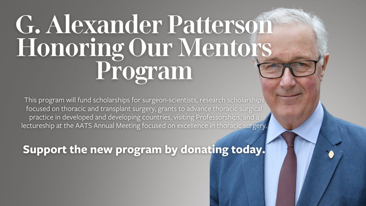 AATSHQ's tweet image. Researchers and surgeon scientists need funding now more than ever. The G. Alexander Patterson Honoring Our Mentors Program allows #thoracic surgeons to improve patient care through research grants and scholarships. Create change by making a donation: aats.org/about-the-foun…