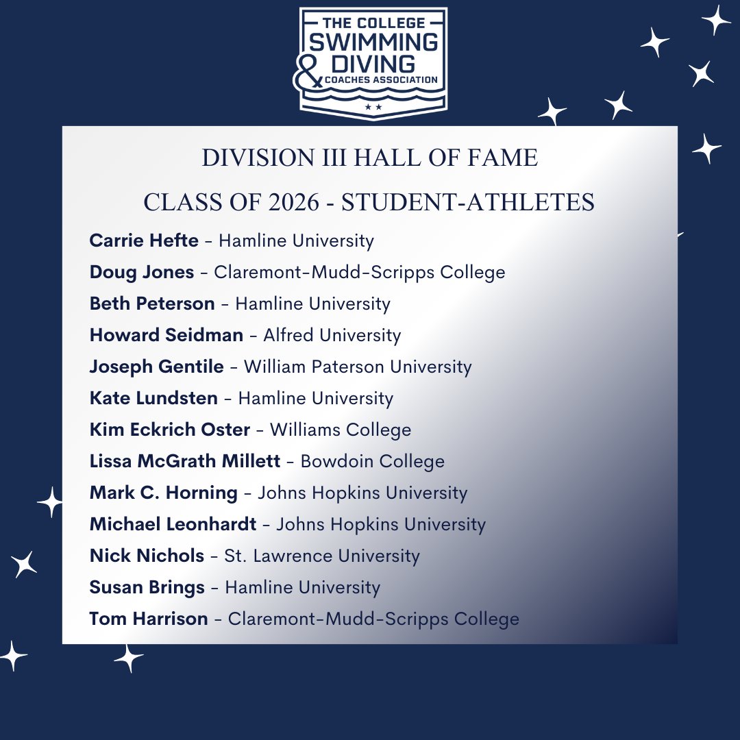 CSCAA's tweet image. Huge congratulations to the entire CSCAA Division III Hall of Fame Class of 2026! Your impact and achievements inspire our community, and we can’t wait to celebrate and honor you this May at the Annual Awards Celebration in Chicago!