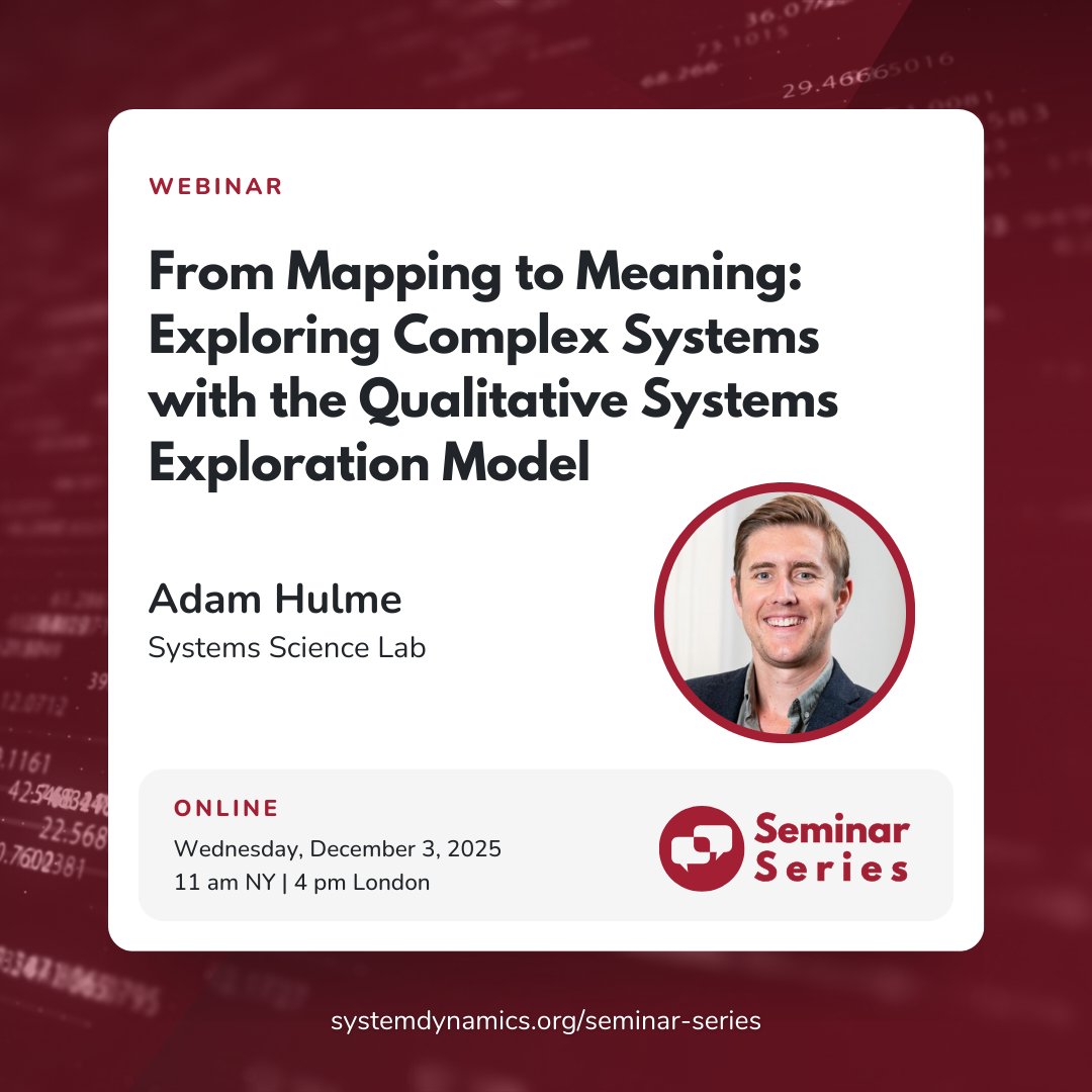 systemdynamics_'s tweet image. 🎯 RSVP NOW! ▶️ “From Mapping to Meaning: Exploring Complex Systems with the Qualitative Systems Exploration Model” with Adam Hulme of Systems Science Lab 

📅 December 3 @ 11:00 am - 12:30 pm NY Time
🔗 Learn more: ow.ly/kKYx50XwLXl

#SystemDynamics #systemsthinking