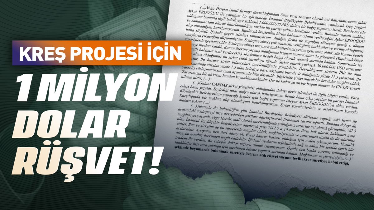 Serkan Aydın, İmamoğlu Çıkar Amaçlı Suç Örgütü iddianamesindeki ifadesinde Aykut Erdoğdu’nun kendisinden İBB’nin kreş projesi için yaklaşık 1 milyon dolar rüşvet istediğini, kendisinin de bu parayı Erdoğdu’ya elden teslim ettiğini açıkladı.

#AdaleteGüveniyoruz, hesabı sorulacak