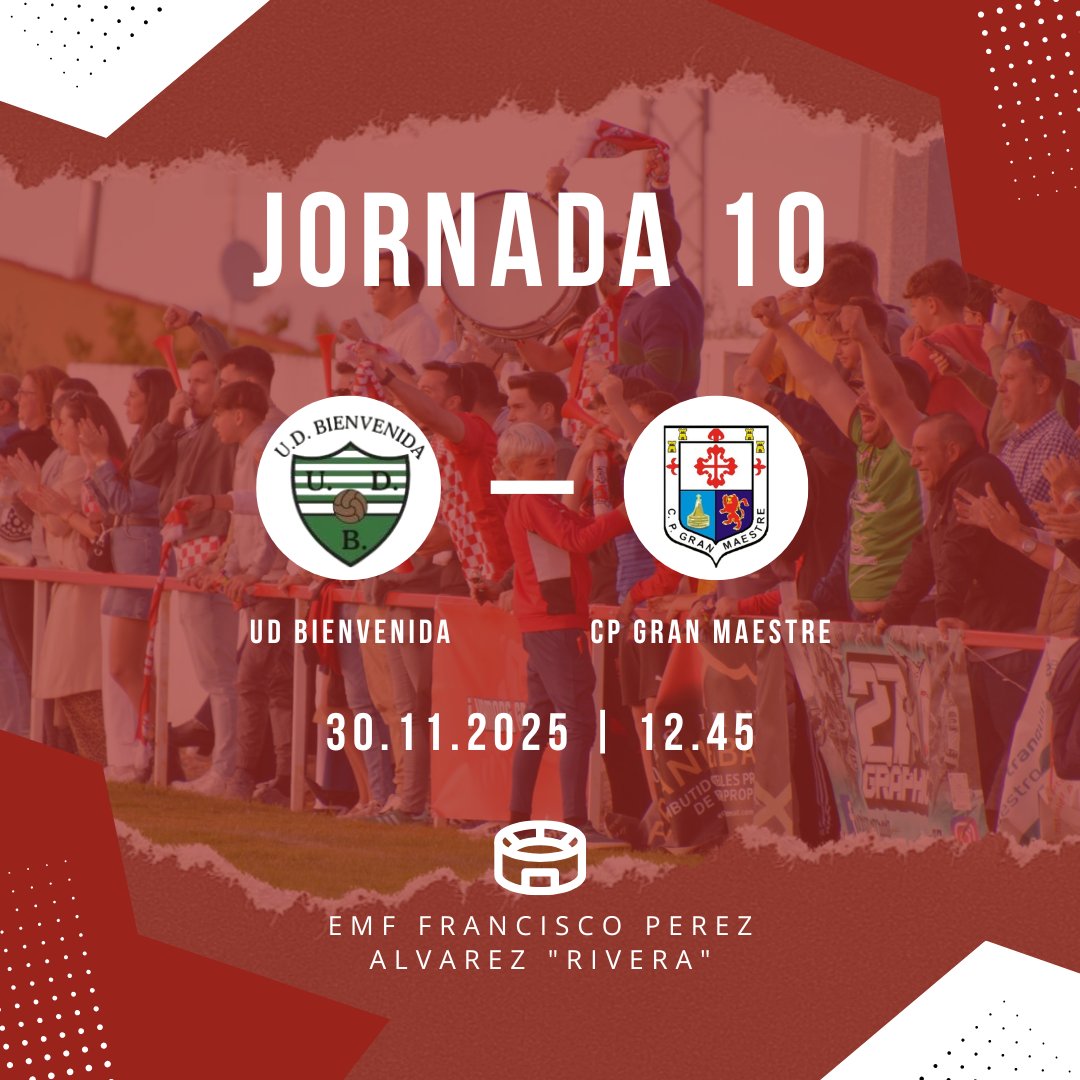 ⏭️ Próximo partido ⚽

🆚 UD Bienvenida
🏟️ EMF Francisco Pérez Álvarez "Rivera"
🗓️ 30/11/2025
⏰ 12:45

Para finalizar el mes de Noviembre visitamos Bienvenida en la jornada 10 de liga. Las ganas siguen intactas, ¡Vamos Gran Maestre!

🔴⚪🔴⚪🔴⚪

#LaPasionQueNosUne