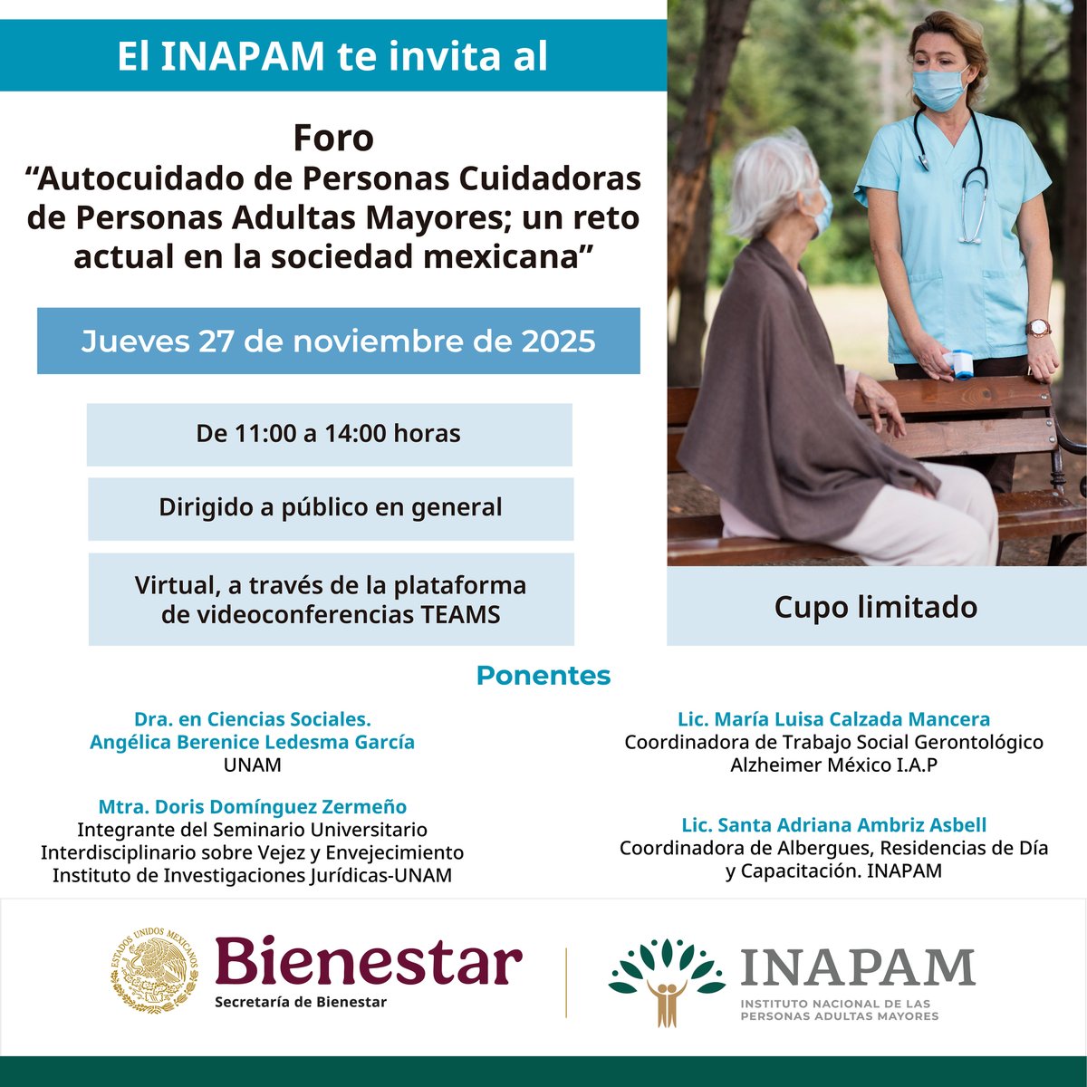 INAPAM's tweet image. El #INAPAM invita a las #PersonasCuidadoras a #Inscribirse al #Foro 👉 bit.ly/4oK0sBE para que #Aprendan de la importancia del #Autocuidado para mejorar su #Calidad de #Vida para brindar una #AtenciónIntegral

📆 Jueves 27 de noviembre
⏰  11:00 a 14:00 horas