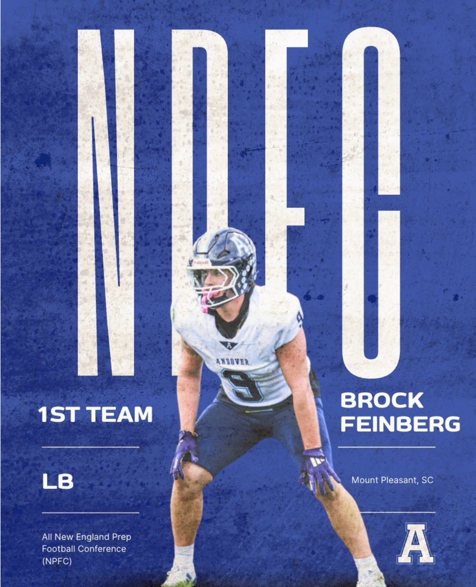 FeinbergBrock's tweet image. Blessed to be named FIRST TEAM   All New England Prep Football Conference LB 

#Linebacker #LBU #fbs #fcs #footballrecruiting #D1  @excelnewengland @NE6FB_Recruits @newftbj @cbrownandovere1 @realfbllliason @ccprospects23 @JohnDBrice1  @FootballAndover @canesthing @ScoutingNE…
