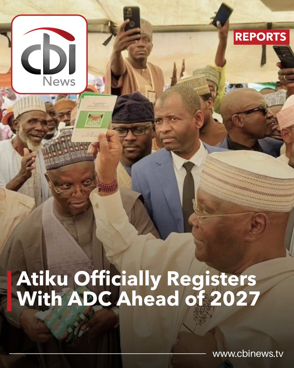 cbinewstv's tweet image. Atiku Abubakar has formally registered as a member of ADC in Adamawa, a major opposition shift ahead of 2027. 

He confirmed the move with an “It’s official” post on X.

#CBINewsTV #Atiku #ADC #NigeriaPolitics #2027Elections
