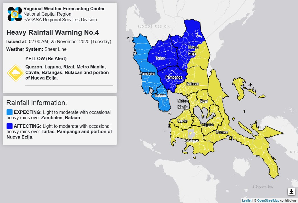 dost_pagasa's tweet photo. Heavy Rainfall Warning No. 4 #NCR_PRSD
Weather System: Shear Line
Issued at: 2:00 AM, 25 November 2025(Tuesday)

YELLOW WARNING LEVEL: Quezon, Laguna, Rizal, Metro Manila, Cavite, Batangas, Bulacan and Nueva Ecija(General Tinio, Bongabon, Palayan, Gabaldon, Laur, Gapan, Penaranda).
ASSOCIATED HAZARD: Possible FLOODING in flood-prone areas.
Meanwhile, expect light to moderate with occasional heavy rains over Zambales and Bataan within the next 3 hours.
Light to moderate with occasional heavy rains affecting Tarlac, Pampanga and Nueva Ecija(Cabiao, San Antonio, San Isidro, Aliaga, Cabanatuan, Carranglan, Cuyapo, General Mamerto Natividad, Guimba, Jaen, Licab, Llanera, Lupao, Nampicuan, Pantabangan, Quezon, Rizal, San Jose, San Leonardo, Santa Rosa, Santo Domingo, Munoz, Talavera, Talugtug, Zaragoza) which may persist within 3 hours.

The public and the Disaster Risk Reduction and Management Offices concerned are advised to MONITOR the weather condition and watch for the next warning to be issued at 5:00 AM today.
For more information and queries, please call telephone numbers 8927-1335 and 8927-2877 or log on to https://t.co/59mTpZJq1n.