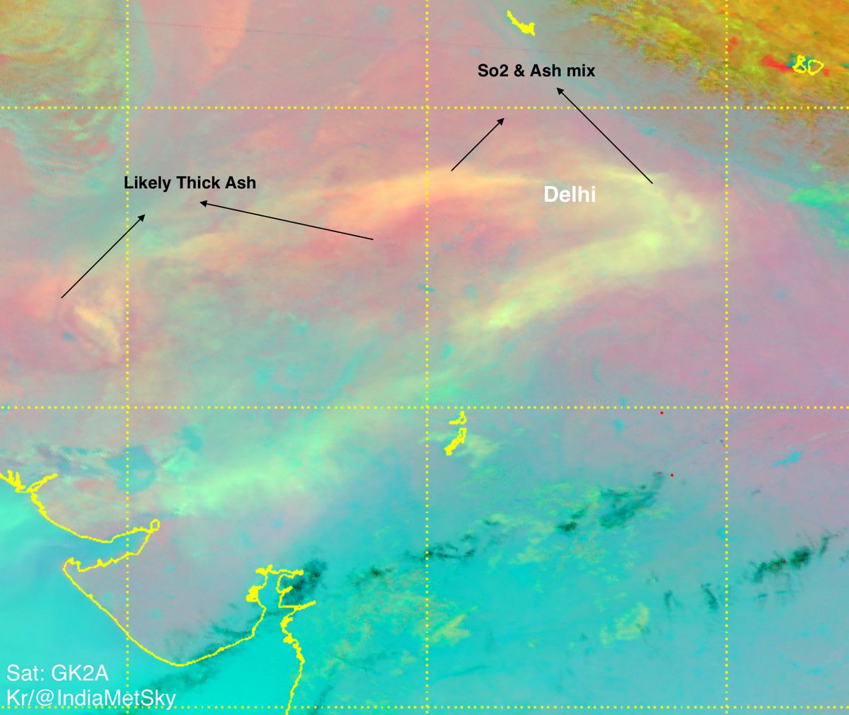 indiametsky's tweet image. Update05:
The sulphur dioxide rich Ash plume mixed with Ash from Ethiopia’s #HayliGubbi volcano located at NorthEast of Afar rift &amp;amp; African superplume is now transiting over #Delhi, #Ncr, #Haryana and adj #UttarPradesh region. This will safely move towards Himalayas but there are…