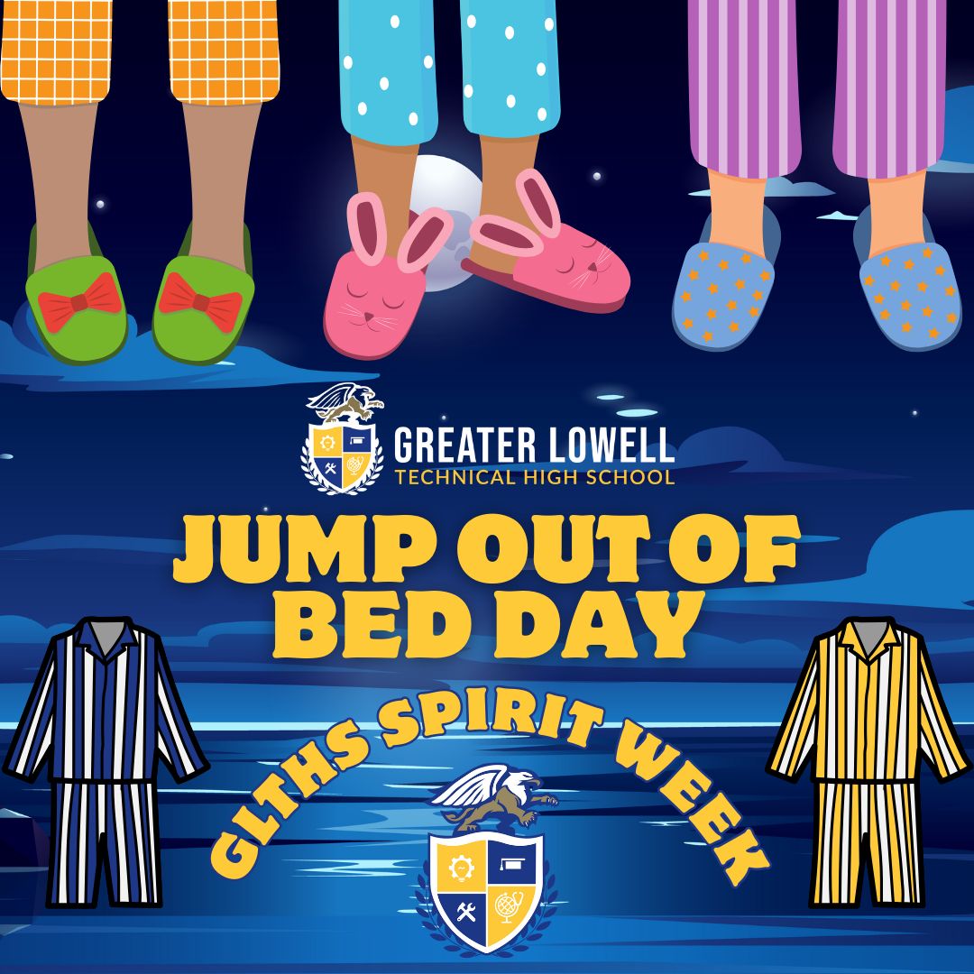 GrLowellTech_HS's tweet image. It&apos;s Jump Out of Bed Day at GLTHS! 🛏️

Wear your coziest pajamas and show your Gryphon spirit! Get ready for a fun-filled day at GLTHS!

#GLTHS #GLTECH #GLTHSGryphons #SpiritWeek #JumpOutOfBedDay #PajamaDay #REACH 💙💛