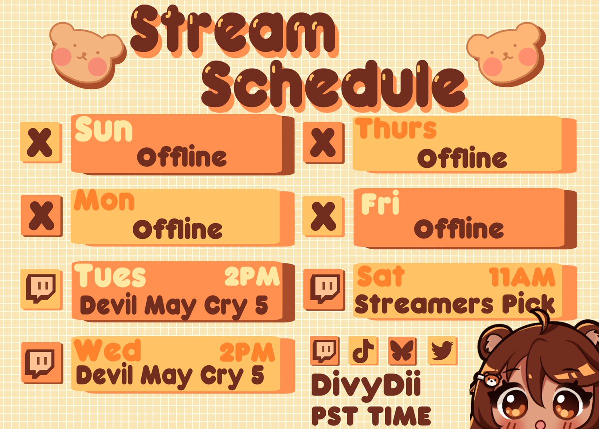 Better late than never! Here's the stream schedule 
11/23 - 11/29  
(For converted times check my twitch or my discord)