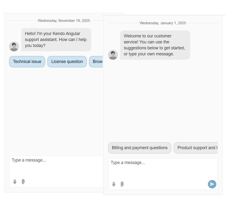 KendoUI's tweet image. Looking for a polished, modern chat experience designed for speed? ⚡ 

Why not take the updated #Angular Conversational UI for a spin? 

It has everything: richer message rendering, flexible data binding &amp;amp; guided flows through quick actions and suggested replies! Check out the…