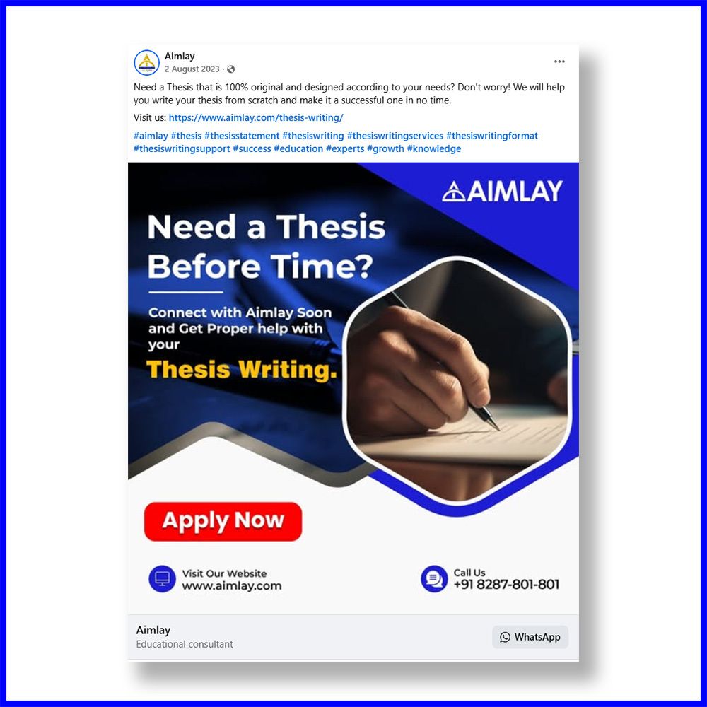fake_journals's tweet image. “We can write your thesis” is contract cheating.

I came across this Facebook advert recently which promoted “Need a thesis that is 100% original and designed according to your needs? Don&apos;t worry! We will help you write your thesis from scratch and make it a successful one in no…