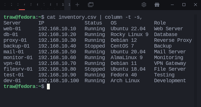 sysxplore's tweet image. Quick Linux tip:

Working with CSV files in the terminal?

You can make them readable by aligning columns neatly with column:

$ cat inventory.csv | column -t -s,

The -s, flag tells it to use commas as separators, and -t formats the output into a clean table.

Perfect for quick…