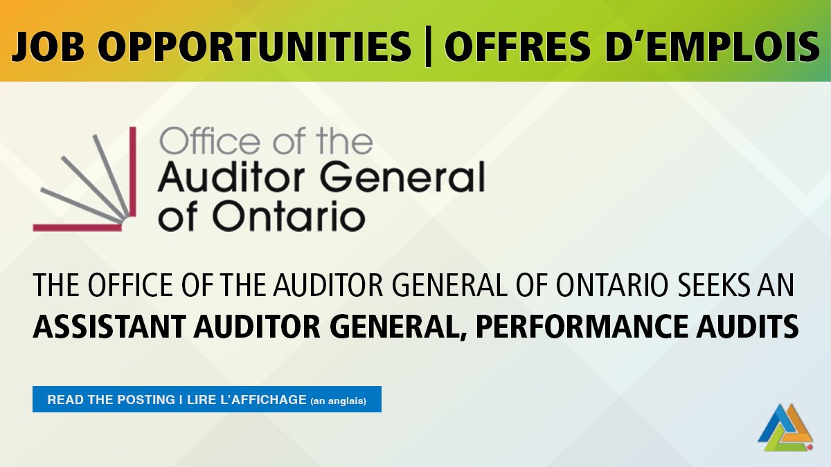 NEW JOB OPPORTUNITY! NOUVELLE OFFRE D'EMPLOI!

The Office of the Auditor General of Ontario seeks an Assistant Auditor General, Performance Audits.

See the job posting in our Career Centre: bit.ly/4pmiKZI
Consultez l'offre d'emploi (en anglais) : bit.ly/4hRKNfI