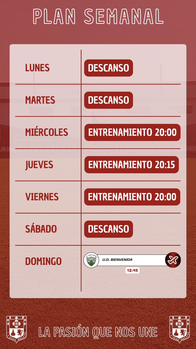 Esta es la planificación de esta semana de los nuestros, mismas ganas, mismo objetivo. ¡Vamos Gran Maestre!

🔴⚪🔴⚪🔴⚪

#LaPasionQueNosUne