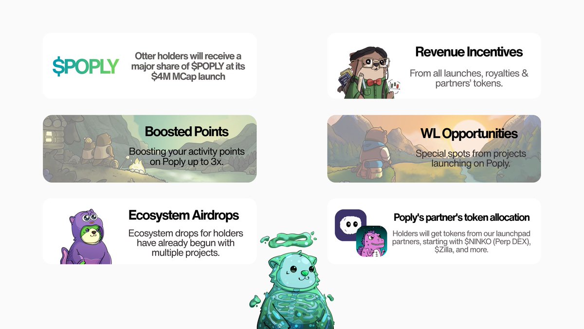 poply_xyz's tweet image. Poply Otters aren’t just art; they’re the backbone of the only native NFT market &amp;amp; launchpad on @monad.

Holding Otters unlocks the following utilities:

✨ $POPLY allo
✨ Boosted pts
✨ Partner&apos;s token
✨ Revenue Incentives
&amp;amp; more

Drop Wallet for last wave of WL 👇