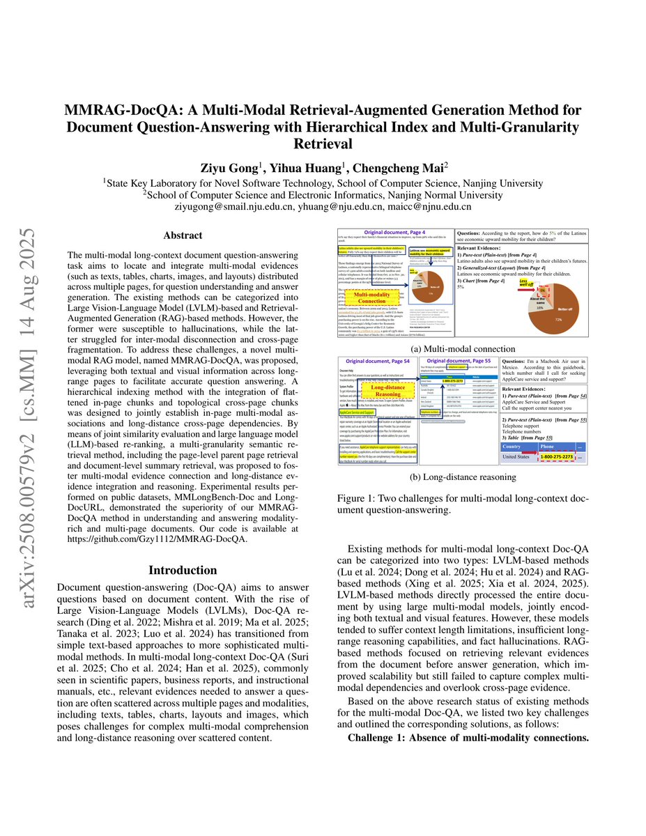 MultiLLM's tweet image. ⭕️ Check out MultiLLM debate this new paper &quot;MMRAG-DocQA: A Multi-Modal Retrieval-Augmented Generation Method for&quot;: 
⭕️ Consensus on Paper Analysis
All debaters agree on the paper&apos;s core points: MMRAG-DocQA is a multi-modal RAG framework for document Q&amp;amp;A, featuring LLM-based page…