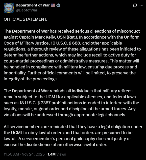 Military justice is coming.

Read this official statement from the Department of War!