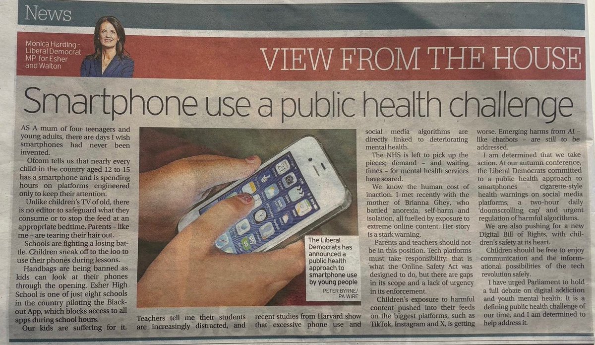 monicabeharding's tweet image. As the MP for Esher &amp;amp; Walton and mum of four, I hear and share the same worries from parents, teachers and young people: smartphones and social-media algorithms are overwhelming our children.

In my recent article for The Surrey Advertiser, I set out why we need urgent, practical…