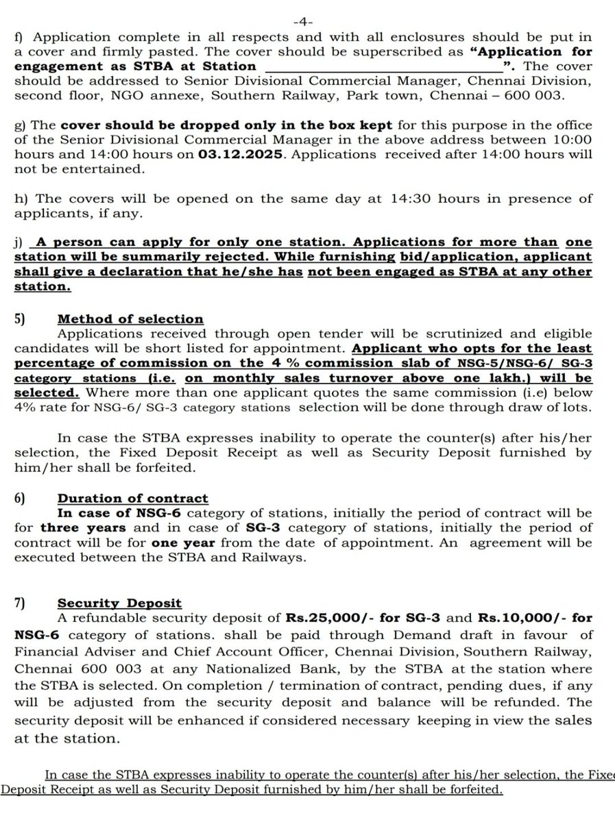 h_pongilath's tweet image. Senior Divisional Commercial Manager, #Chennai Division, #SouthernRailway, invites applications through open tender from eligible candidates for appointment as Station Ticket Booking Agents (#STBA) for SG-3 &amp;amp; NSG-6.Category of stations. 
(1/2)