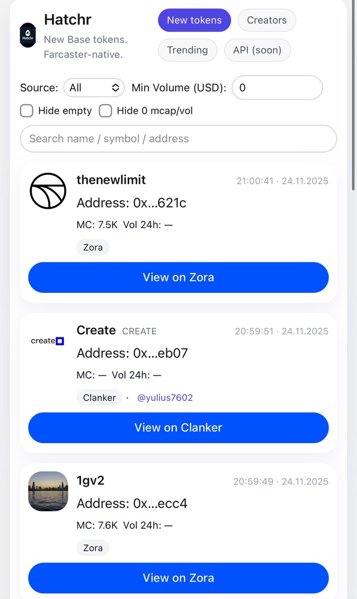 tom1k_on's tweet image. Shipping updates to @Hatchr_Base 🐣

Pushed a bunch of important improvements today:

🔹 Token avatars now load automatically

🔹 Fully revamped token cards - both mobile &amp;amp; desktop

🔹 Cleaned up and improved market cap / liquidity data streams from @zora &amp;amp; @clanker_world 

🔹UI…