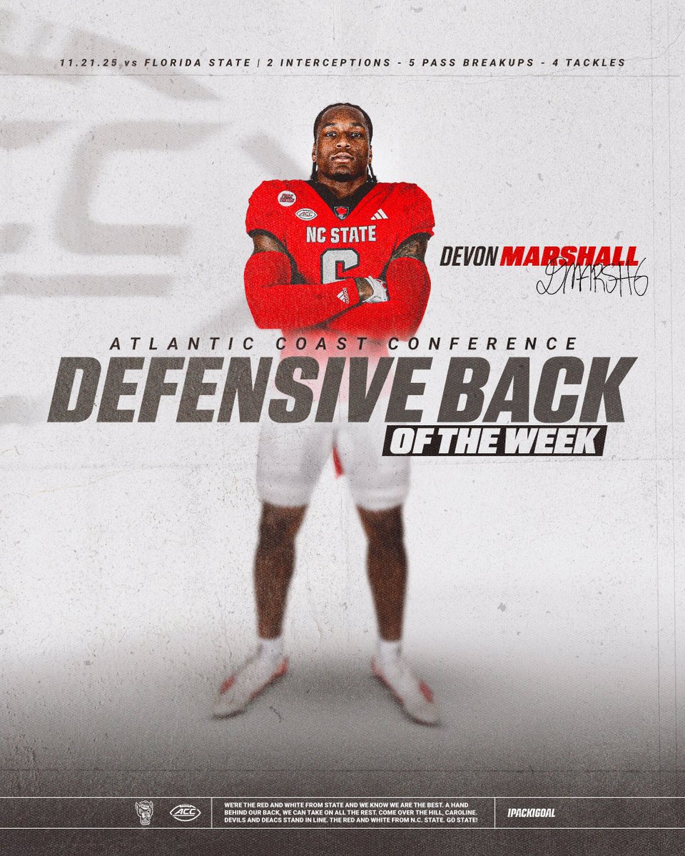PackFootball's tweet image. Just broke up another pass.

Devon Marshall has been named ACC Defensive Back of the Week!

📰: tinyurl.com/2cxfbp8s