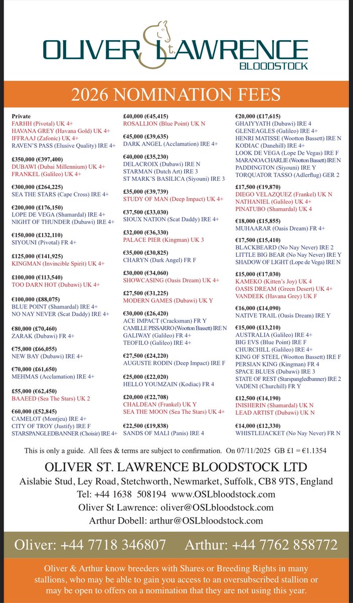 OStLawrence's tweet image. Final List of Stallion Nomination Prices for 2026 across Europe. Very much Flat oriented but with others listed at OSLbloodstock.com/fees 
Please retweet to spread what I believe is a very useful tool for breeders.