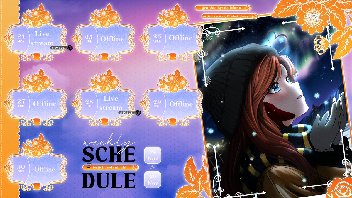 dani_rahl's tweet image. Last minute but here&apos;s the schedule of this week!
Art: vgen.co/Pandada_Kaey