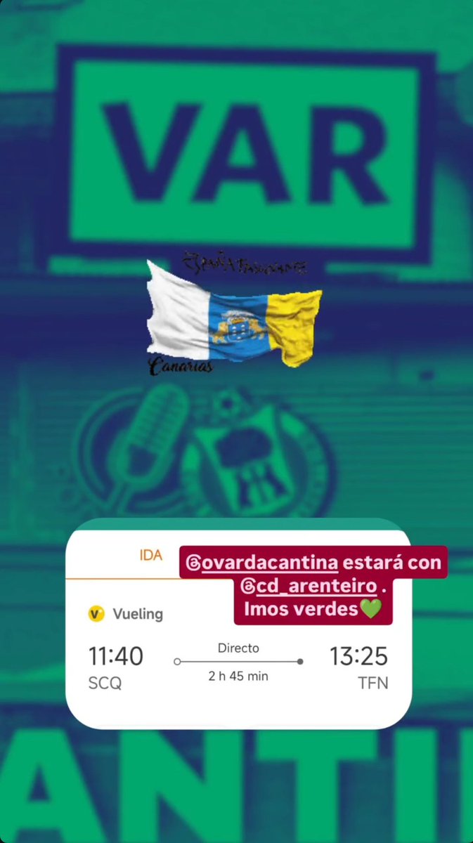 🗞️ Pero que non teñamos VAR,non significa que esta semana non teñamos algo especial...🇮🇨🍌🏟️

✈️ E si,<a href="/oVARdaCANTINA/">O VAR da CANTINA</a> viaxará a Tenerife pra cubrir unha semana histórica pra <a href="/CD_Arenteiro/">CD Arenteiro</a>,ca visita o mítico Heliodoro Rodríguez López, a casa do <a href="/CDTOficial/">CD Tenerife 🏴󠁧󠁢󠁳󠁣󠁴󠁿</a> na X14 do G1, 1ªRFEF.