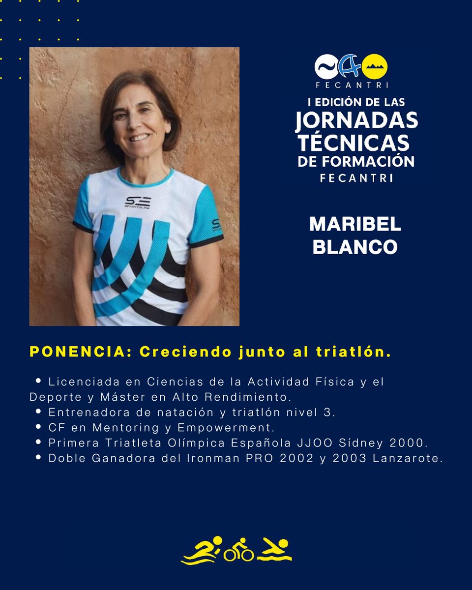 👉 El próximo 20 de diciembre 🗣 MARIBEL BLANCO será la encargada de la ponencia "CRECIENDO JUNTO AL TRIATLÓN". Con su impresionante currículum estamos deseando escucharla y nutrirnos de todo lo que nos va a contar 😍

fecantri.org/i-jornadas-tec…

¡Te esperamos! 💙