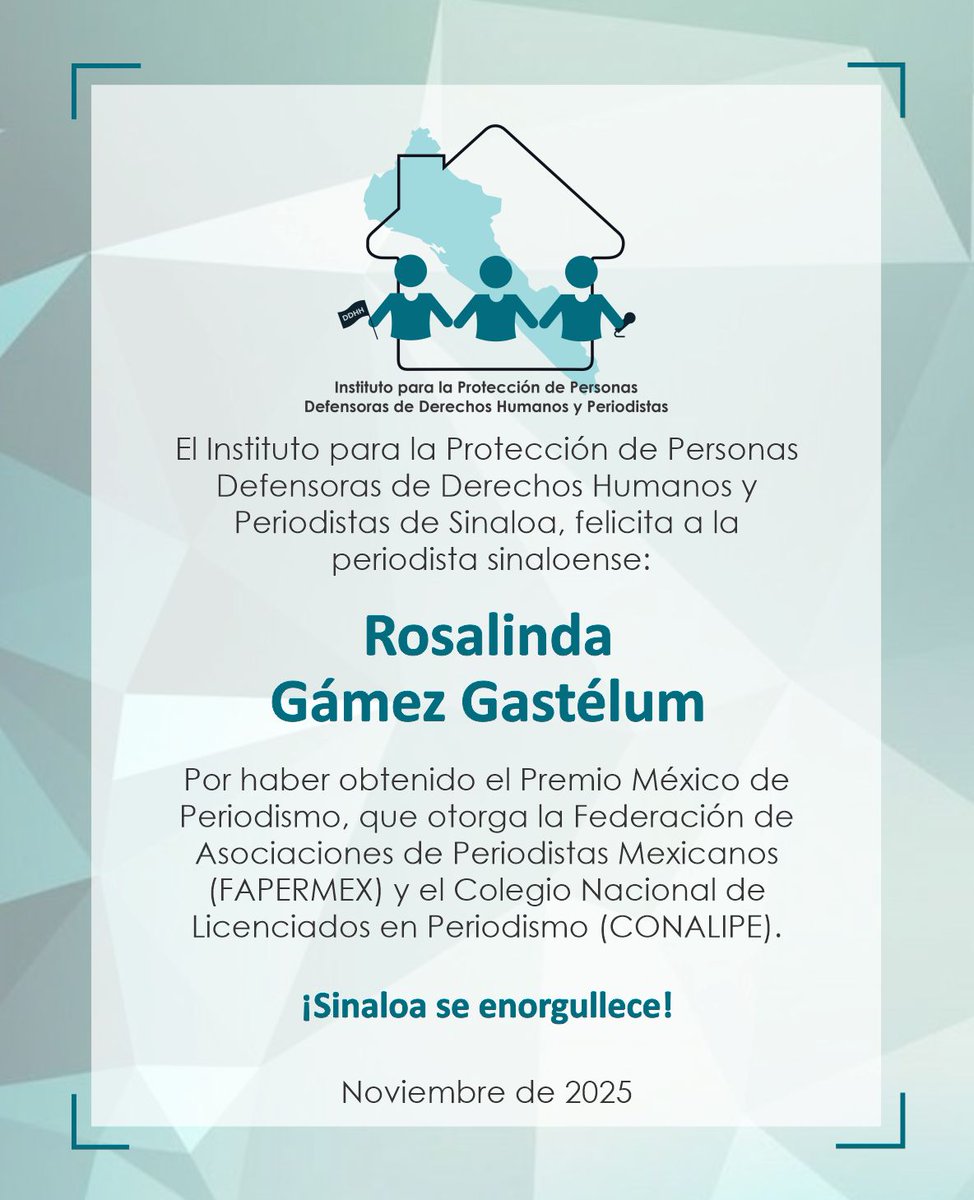 InstitutodePro's tweet image. El #InstitutoDeProtecciónSinaloa extiende una felicitación a la #Periodista Rosalinda Gámez Gastélum por haber recibido el Premio México de Periodismo con su artículo: &quot;Trabajar bajo fuego&quot;, publicado en @EspejoRevista, ¡Muchas felicidades!